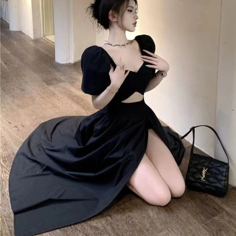 Short Puff Sleeve Black Dress Women Hollow Out Design Split Square Collar Temper Korean Style Fashion Ladies Attractive Ulzzang