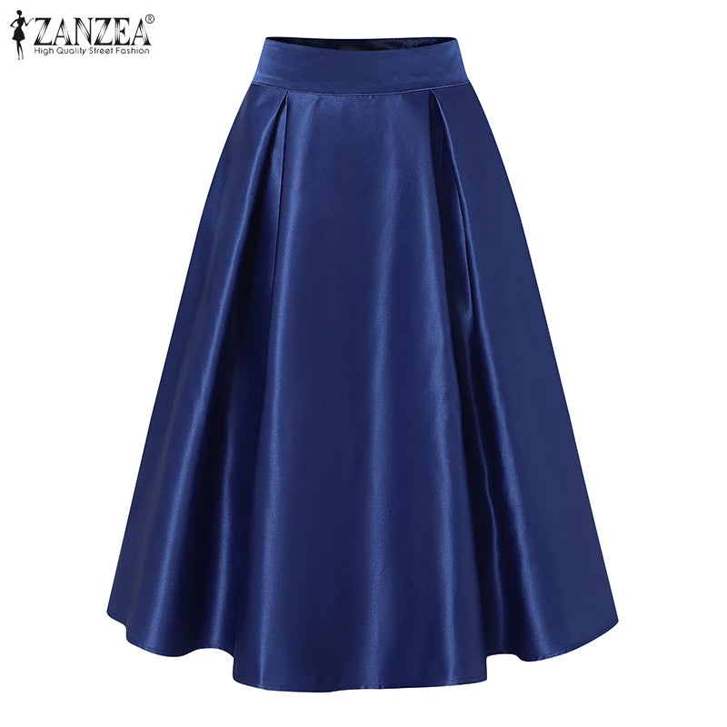 ZANZEA Vintage Solid Color Skirt Women Pleating Swing Jupe Party High Waisted Faldas Casual Loose Satin Silk A-line Overskirts
