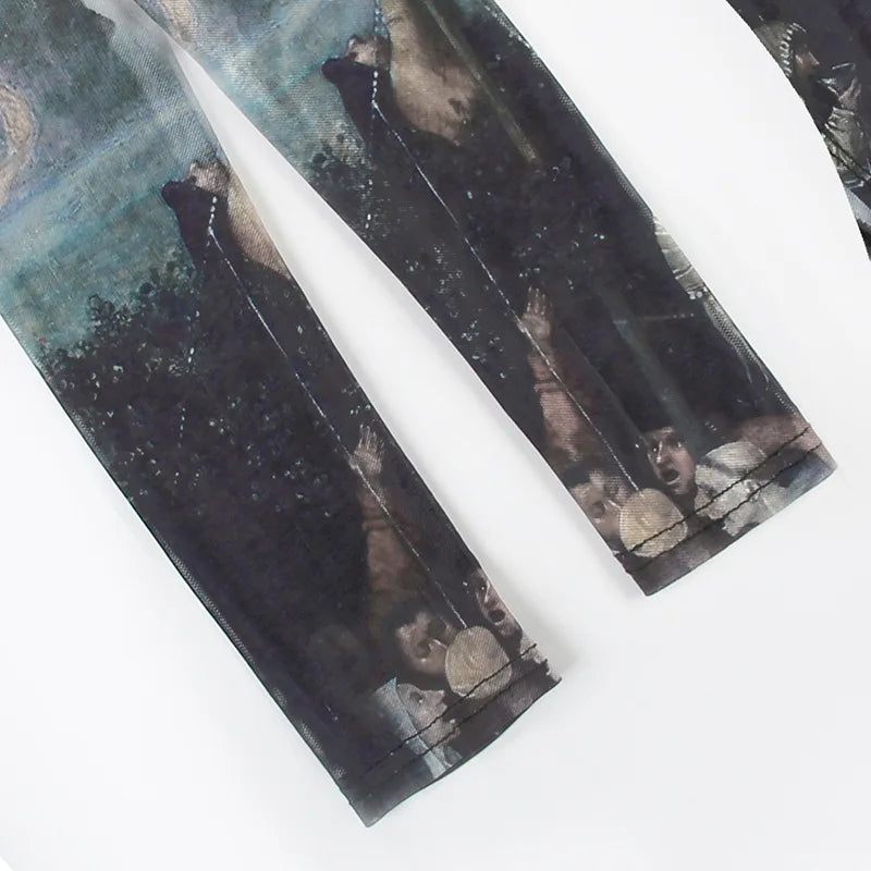 Goth Dark 90s Retro Print Mesh Long Sleeve Skinny Bodysuits Cyber Y2K Sheer Tops Women Gothic Lace Patchwork Bodysuit Streetwear