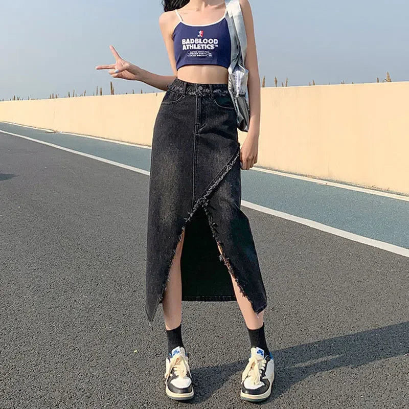 Fashionable Denim Skirt For Women High-waisted A- line Hip Covering Long Dress Casual Style Perfect For Summer 2024