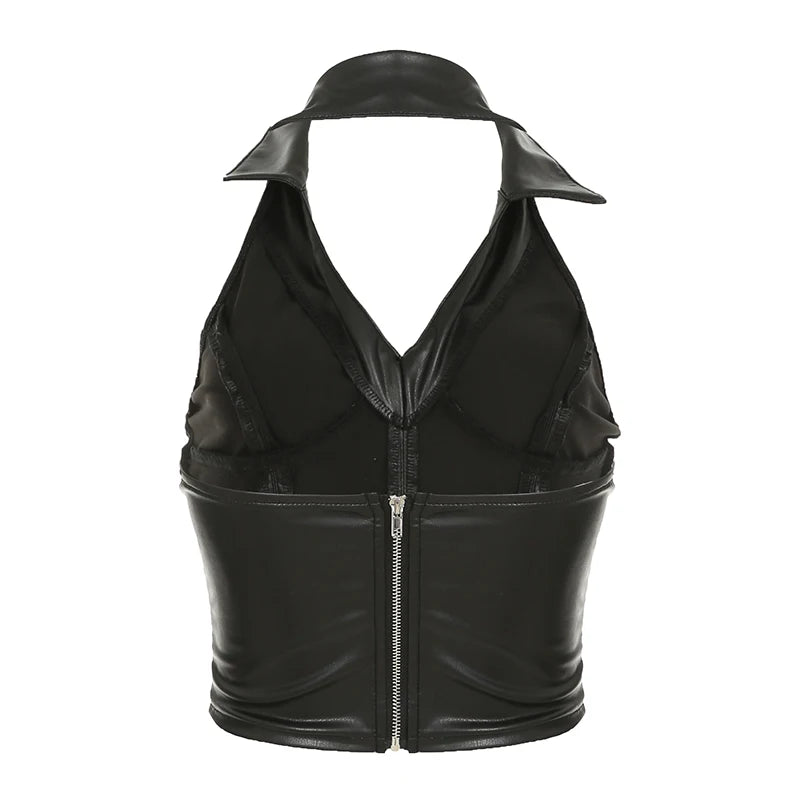 Hot Sexy Gyaru Slim Fit Leather Short Tops Women Halter Up Turn Down Collar Fashion Trendy Backless Design Tanks