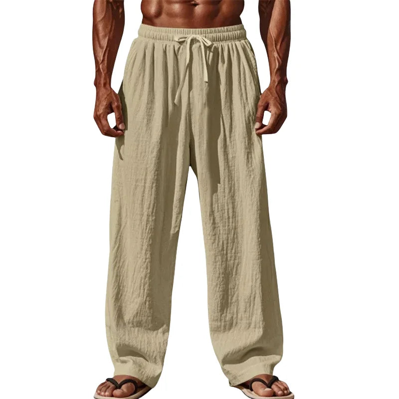 2025 New Men's Cotton and Linen Casual Pants Simple and Comfortable Straight Leg Pants Waist Drawstring Plus Size Looser