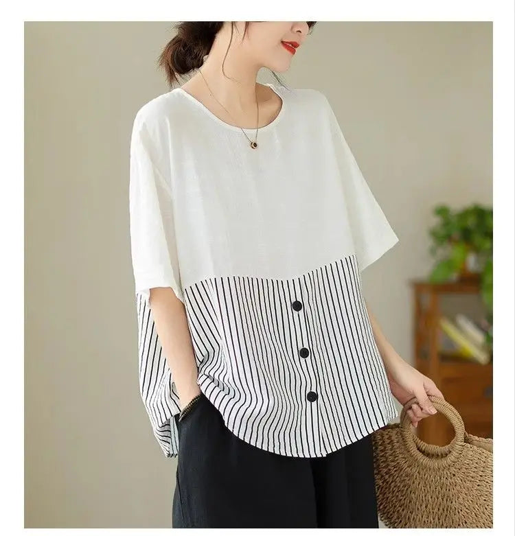 Summer New Plus Size Women's Fashion Striped Patchwork Tops Tees Youth Short Sleeve Loose Vintage T Shirts Casual Trend Clothing