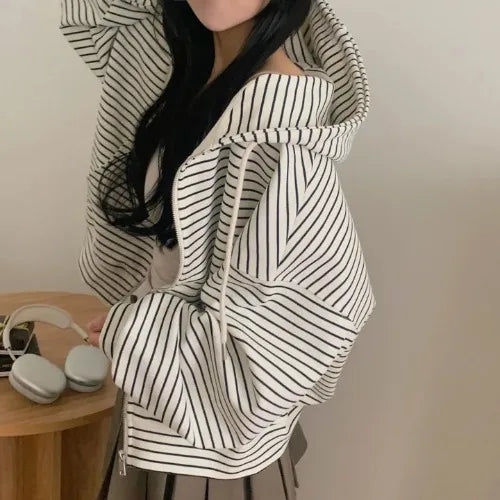 Spring 2025 Women's Chic Loose Casual Lazy Sle Striped Hooded Jaet with ket Open Cardigan Sweatirt Comfortable Fit