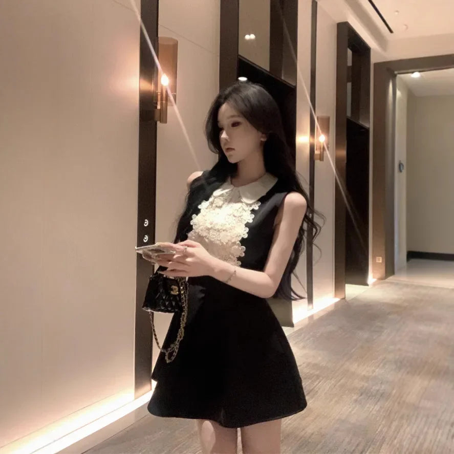 French Style Lace Doll Collar Vest Dress Women Summer Mini Skirt Waist Cinching Sleeveless Black Dress Polo Neckline Polyester F