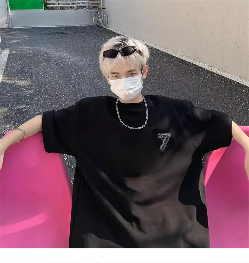 2025 Summer Goth Seven Printed Short Sleeve Tshirt Men's Hip Hop Fashion Cotton Oversized T-shirts High Street Y2K Tee Tops