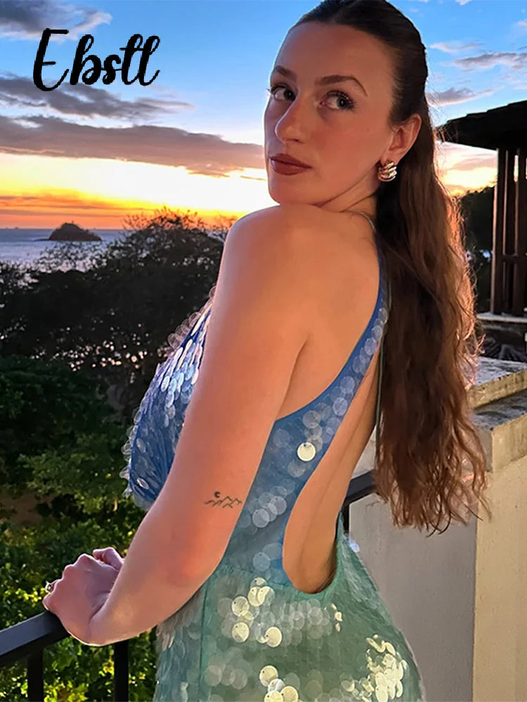 Sequins Halter Hollow Out Dress Women's Sexy Backless Sleeveless Contrast Color  Mini Dresses 2025 Summer New Lady Beach Robes