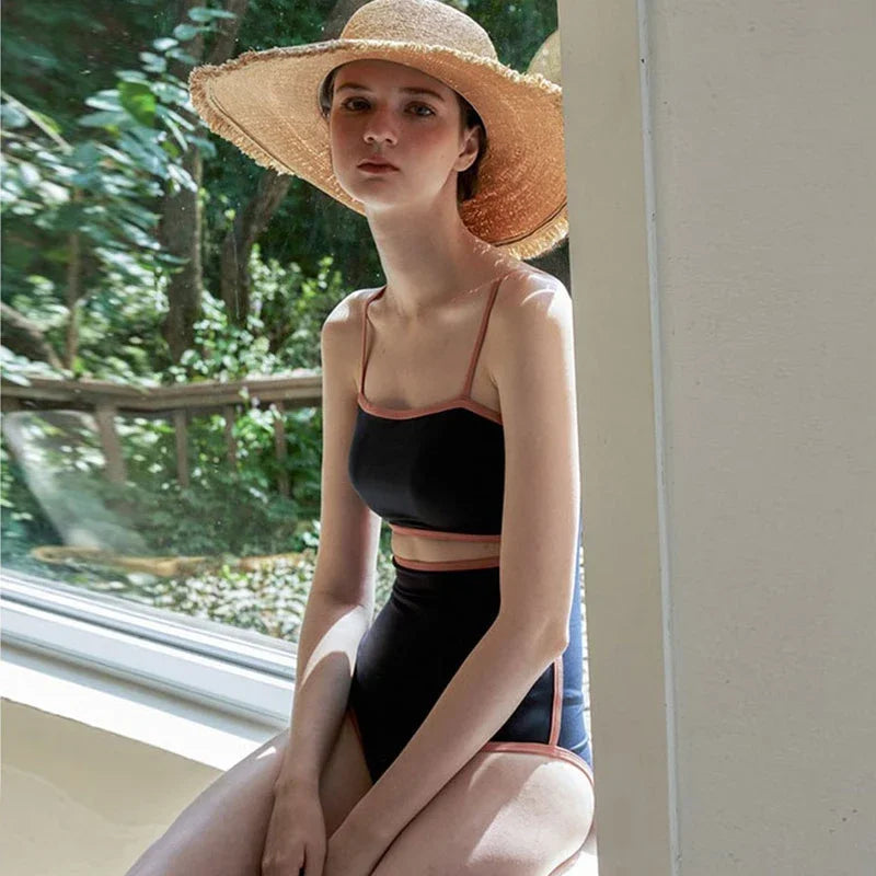 One Piece Swimwear Women Cut Out Swimwear Straps Swimsuit Padded Bathing Suit Sexy Dark Blue Monokini Summer Beachwear Korean