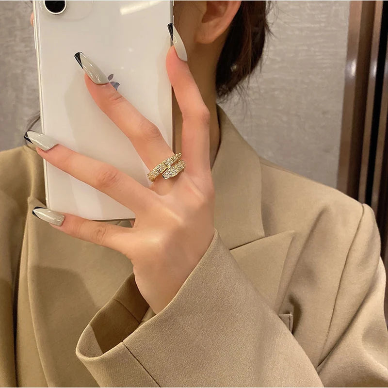 Trendy Snake Bone Shape Open Rings For Women Gold Silver Color Crystal Copper Ring Female Korean Daily Wear Jewelry Gift