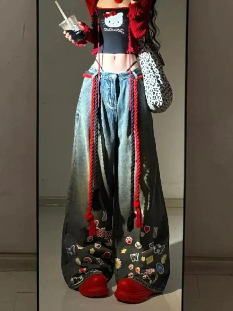 Trendy High Waisted Wide Leg Jeans Women's Fall Winter Cartoon Graffiti Loose Fit Trousers with Draping Effect baggy jeans women