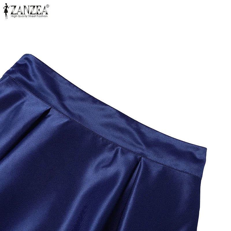 ZANZEA Vintage Solid Color Skirt Women Pleating Swing Jupe Party High Waisted Faldas Casual Loose Satin Silk A-line Overskirts