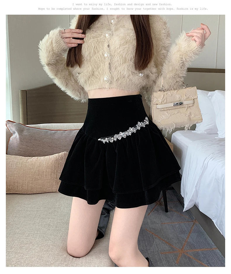 Bla Velvet Cake f Skirt Women's Autumn Winter High Waist A-Line Fluffy ort Skirt Small Size Pleated f Skirt