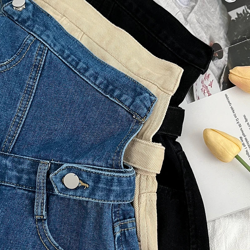 Casual Denim Jumpsuits Women Spring Summe Retro Short  Fashion  One-shoulder Wide Leg Pants 2024 New Cool Girls Streetwear