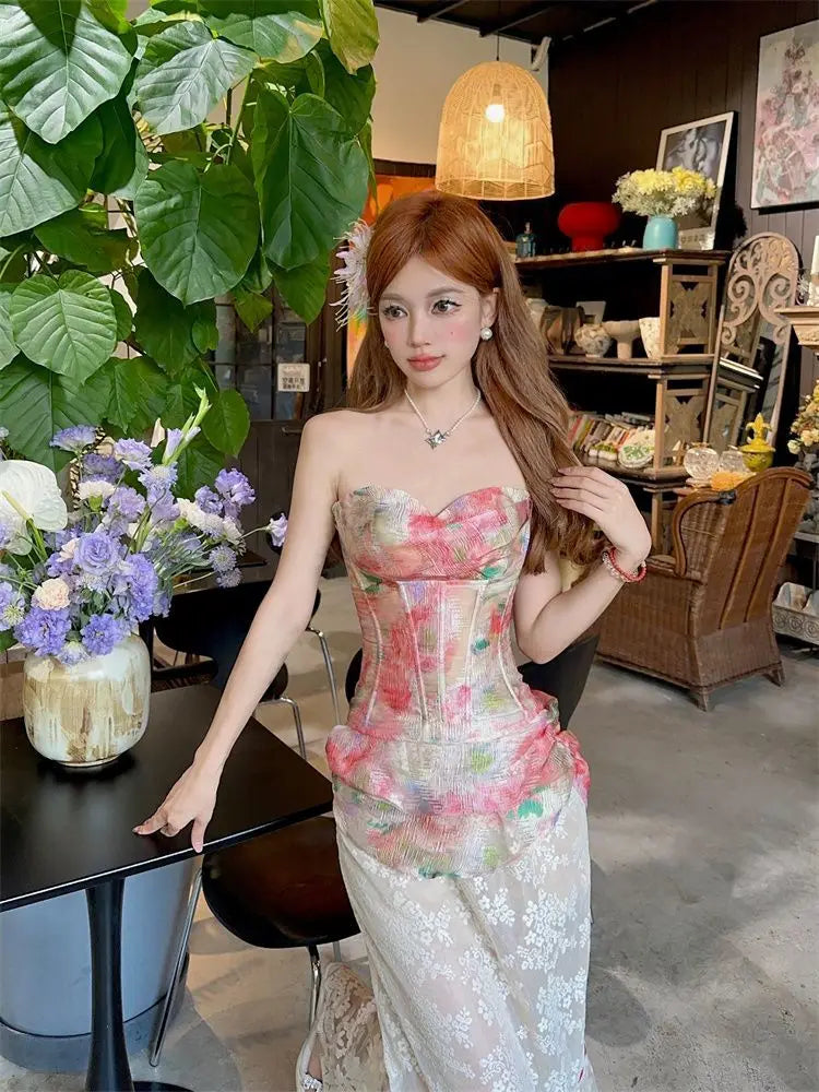 Summer Women Two Piece Set Floral Corset Top and Lace Midi Skirt Elegant Mesh Outfit Slim Fit Vintage French Style Beach Suit