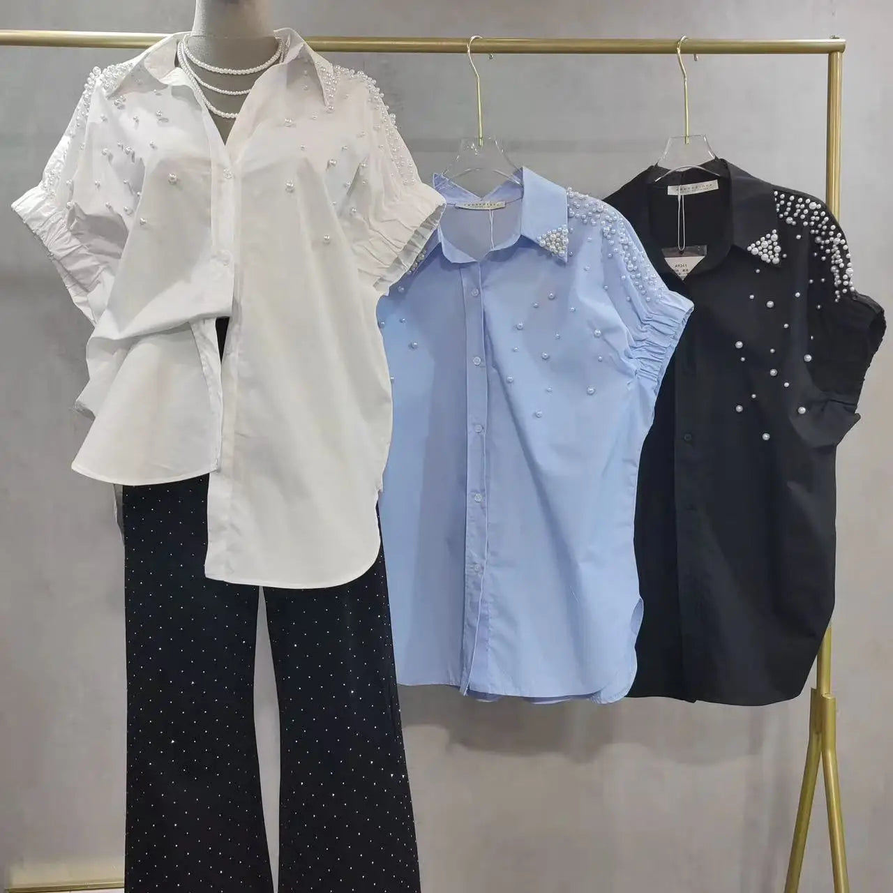 Pearls Beads Stitch Cotton Short Sleeve Blouses Shirts Women 2025 Spring Summer New Fashion Trend Loose Casual Tops Blusas