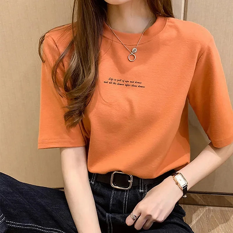 2024 Summer New Style Women's Short Sleeve T-Shirt Loose Fit Korean Version Round Neck Base Layer Top Trendy Women's T-Shirt