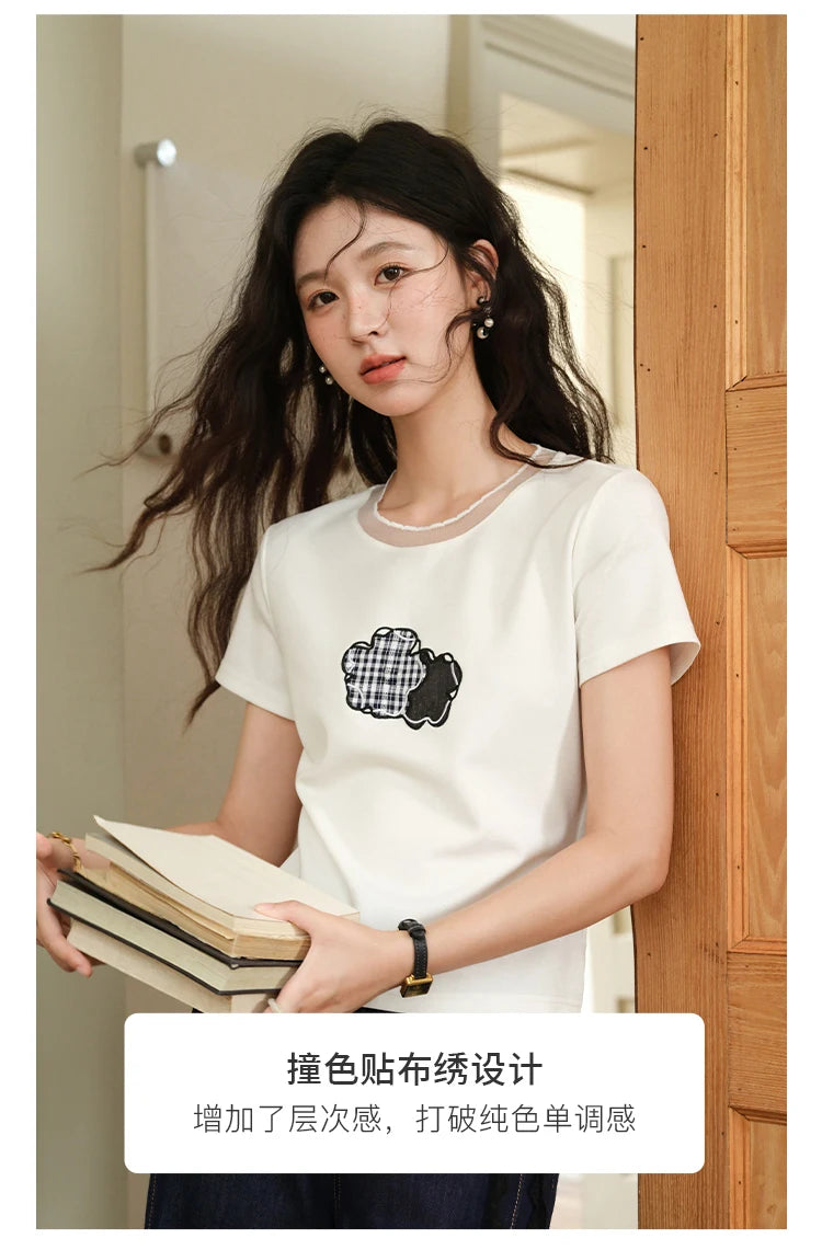 MISHOW Lace Edge Splicing Short Sleeve T-shirt for Women 2025 Summer Female Round Neck Simple Top Women's Clothing MXE38T0630
