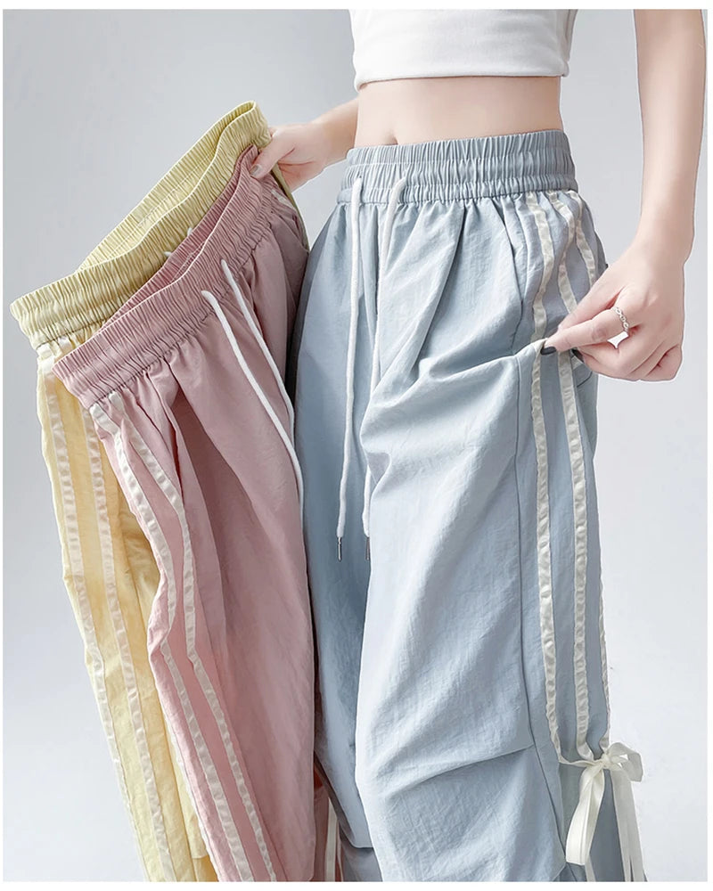 Zoki Dopamine Women Summer Pants Fashion Striped Bow Loose Multicolor Cargo Pants Casual Bf Ladies Trousers New