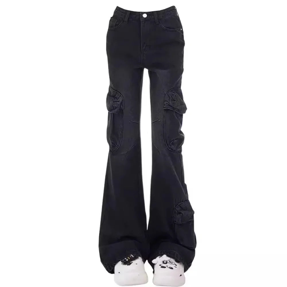 American Style Vintage Black Grey Micro Flared High Waisted Slimming Jeans For Women Trendy Niche Fashion Black Bell Bottom Trou