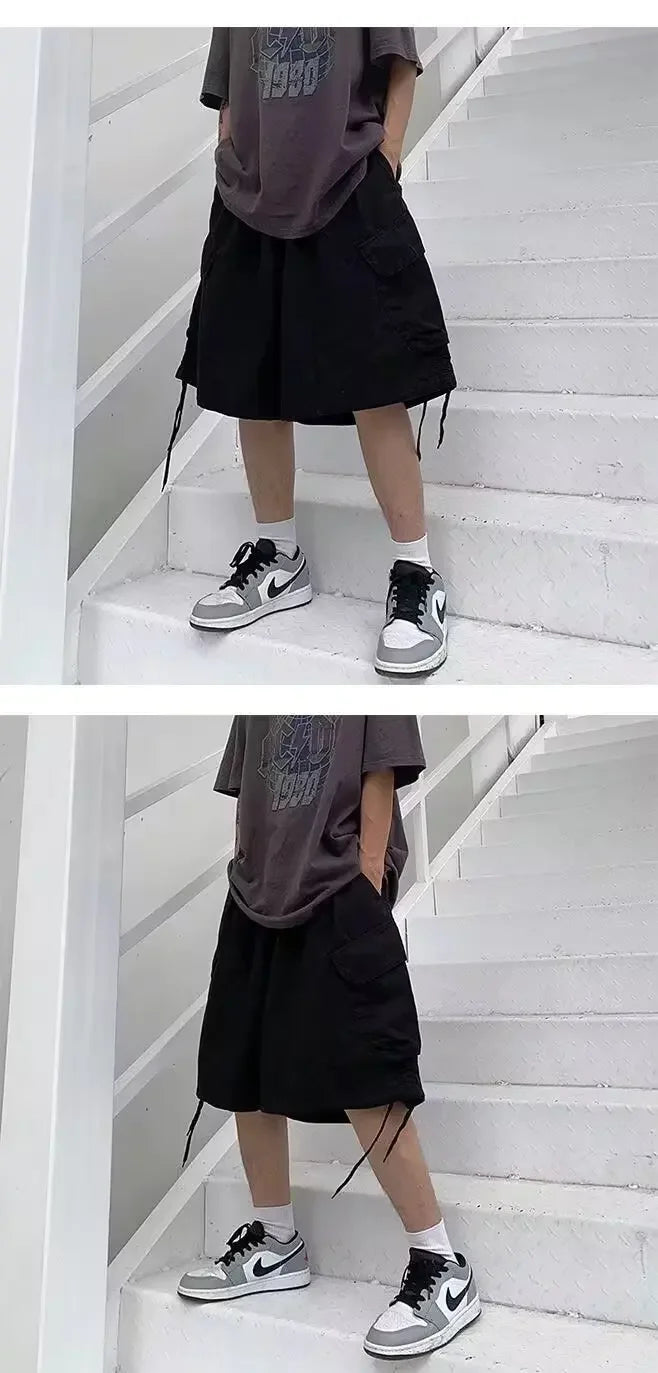 Loose Casual Men's Workwear Shorts Summer Wide Leg Drawstring Five-Quarter Pants Retro Japanese Style Outerwear Shorts