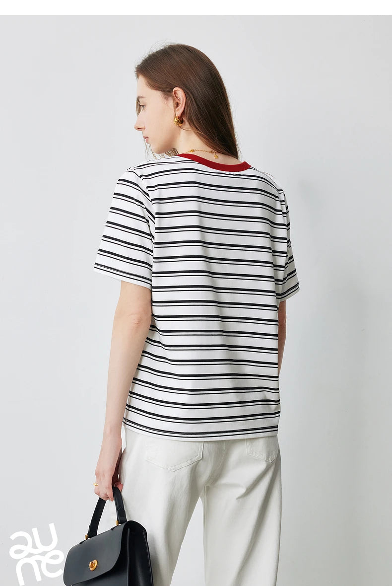 TOYOUTH Women Striped Short Sleeved T-shirt 2024 Summer New Academy Style Round Neck Top