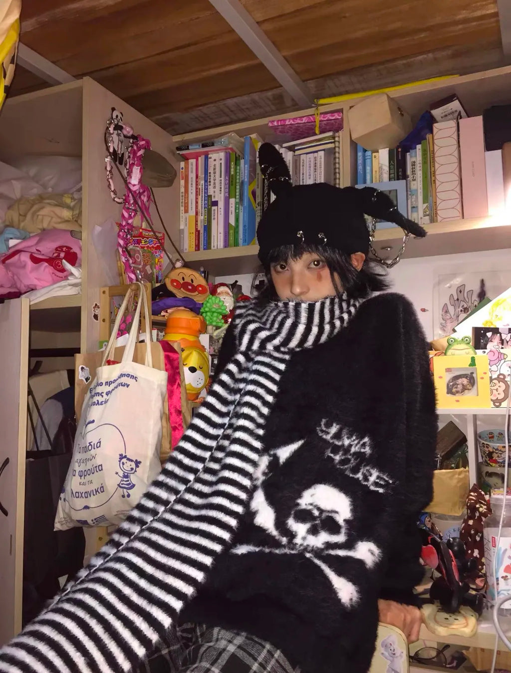 Karrram Gothic Skulls Sweater Grunge Dark Aesthetics Knitted Jumper V-neck Harajuku Loose Mohair Pullover Emo Alt Knitwear Y2k