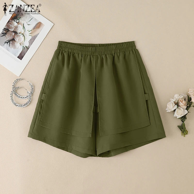 2025 ZANZEA Summer Shorts Women Fashion Casual Elastic Waist Trousers Vintage Holiday Beach Pant Solid Loose Pantalon Plus Size