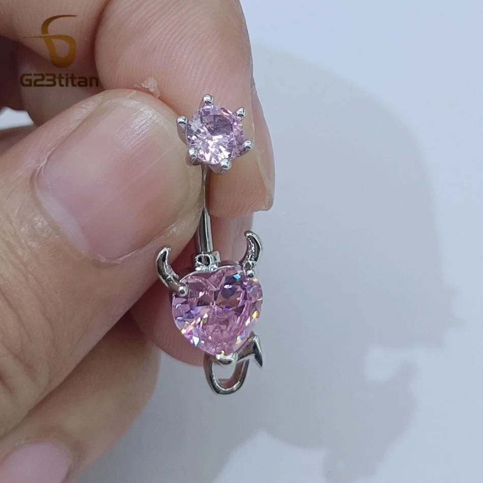 G23Titan Sexy Evil Heart Belly Button Ring Pink CZ Zircon 14G Titanium Navel Piercing Bar Women's Body Party Jewelry Accessories