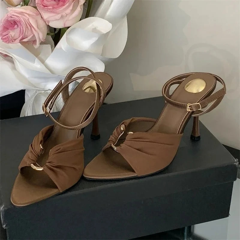 Aneikeh Summer Pointed Toe Thin High Heels Fashion Pleated Metal Buckle Strap Women Sandals Banquet Party Female Mules Shoes
