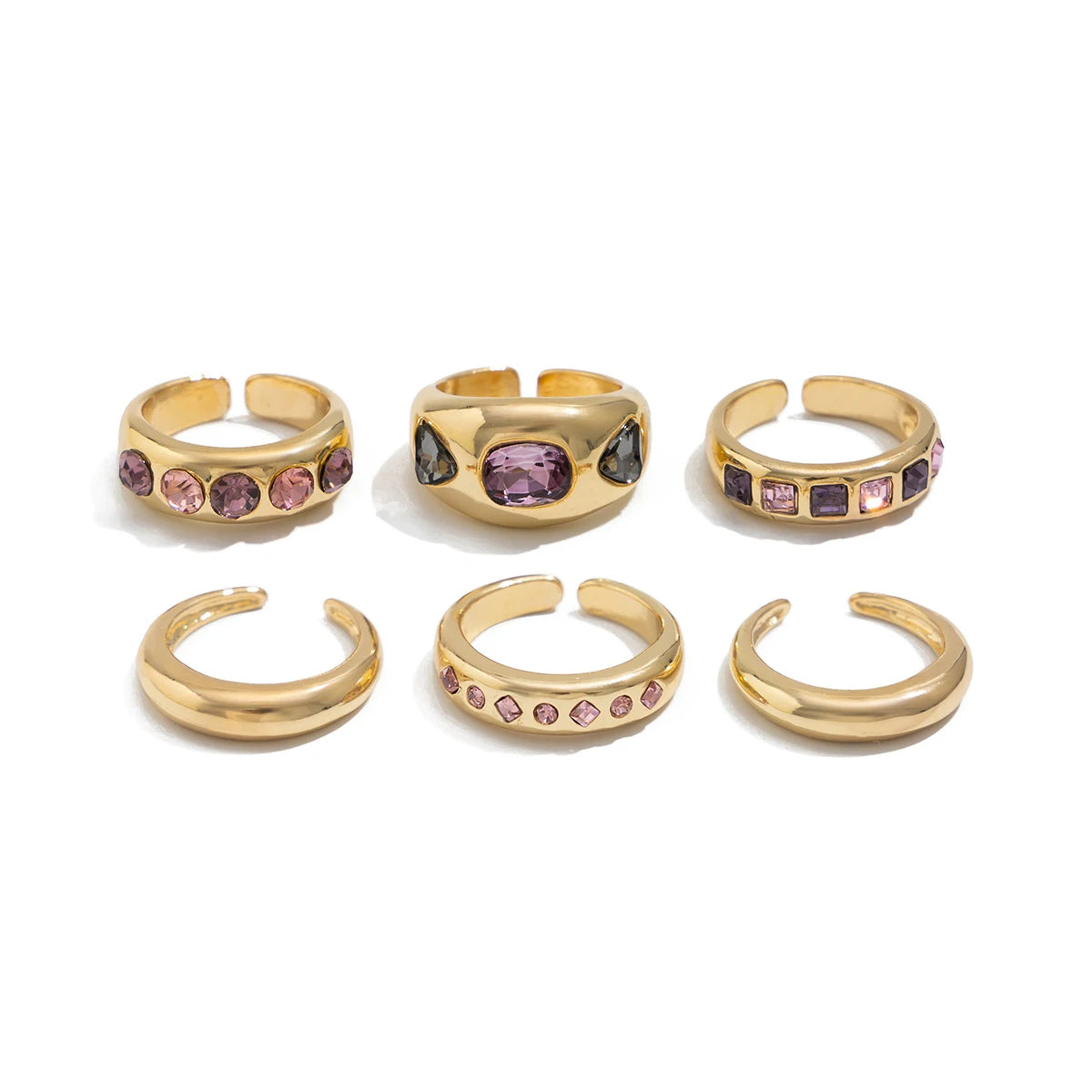 Salircon 6Pcs/set Inlaid Purple zircon Adjustable Opening Ring Set Women Smooth Gold Color Ring for Female Daily Jewelry Gift