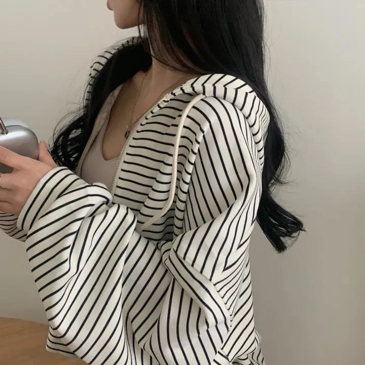 Spring 2025 Women's Chic Loose Casual Lazy Sle Striped Hooded Jaet with ket Open Cardigan Sweatirt Comfortable Fit