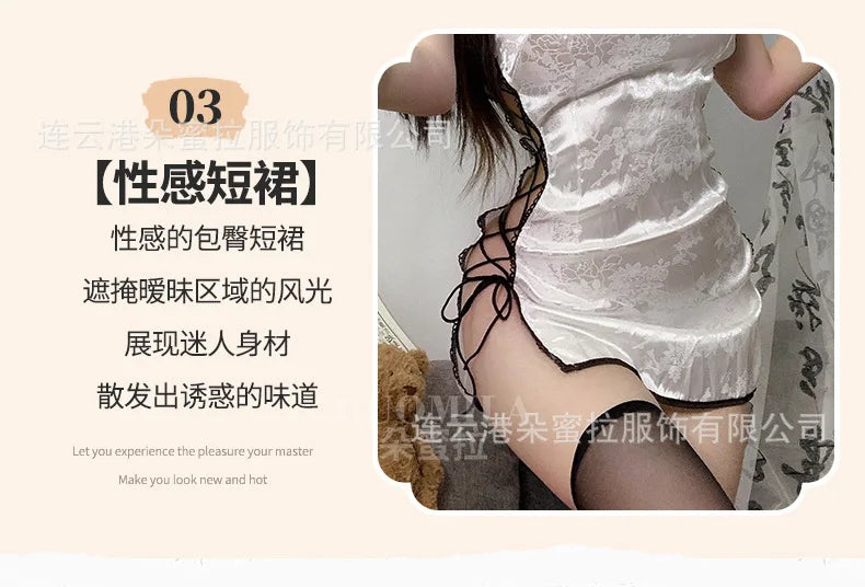 Sexy Cheongsam Mini Dress Mesh Lace Sheer Charming Underwear Uniform Transparent Slim Side Straps Dress Elegant Tops HE1O