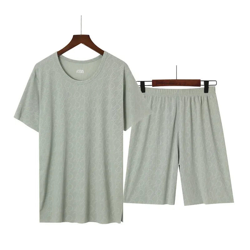 Summer Men's Ice Silk Pajamas Short Sleeves Printed Suit Home Clothes Five-Minute Pants Lightweight Comfortable Sleepwear