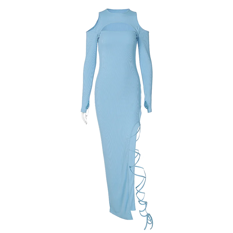 Hugcitar Long Sleeve Solid Hollow Out Slit Lace Up Elegant Sexy Bodycon Maxi Prom Dress 2023 Fall Women Birthday Party Outfit "