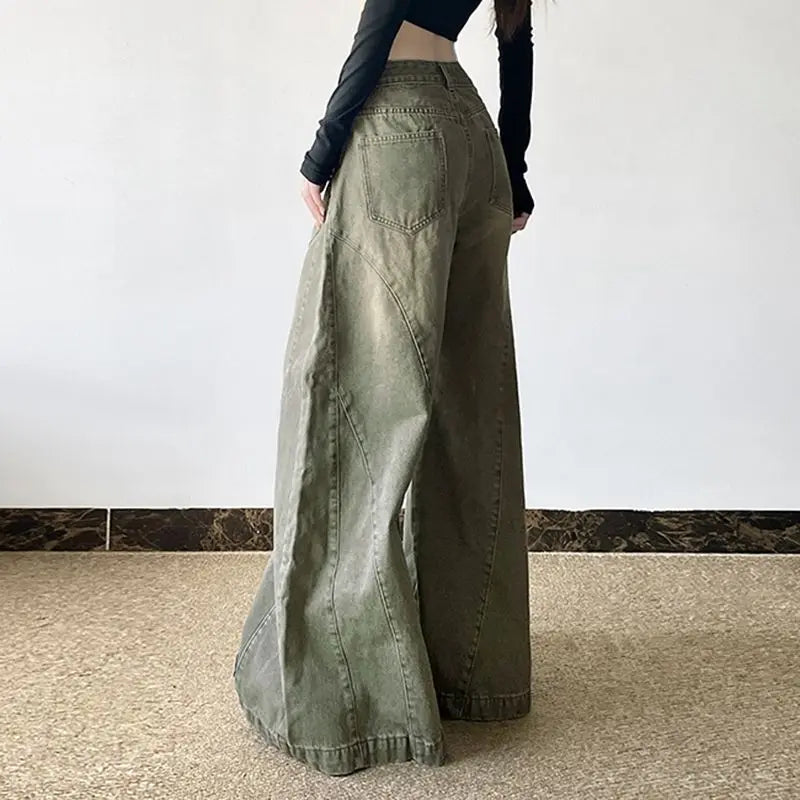 Retro Fashion Old-segmented Denim Cargo Pants Low Waist Loose American Street Harajuku Casual Jeans Women Unisex Wide-leg Pants