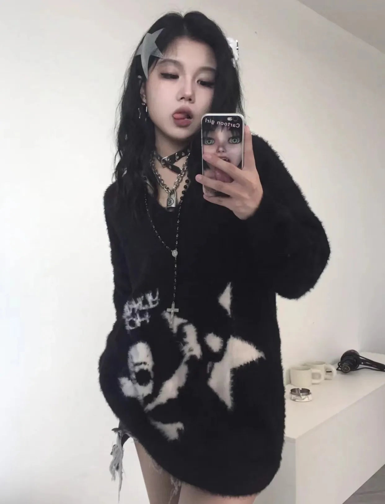 Karrram Gothic Skulls Sweater Grunge Dark Aesthetics Knitted Jumper V-neck Harajuku Loose Mohair Pullover Emo Alt Knitwear Y2k