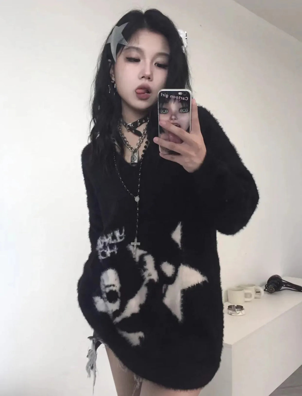 Karrram Gothic Skulls Sweater Grunge Dark Aesthetics Knitted Jumper V-neck Harajuku Loose Mohair Pullover Emo Alt Knitwear Y2k