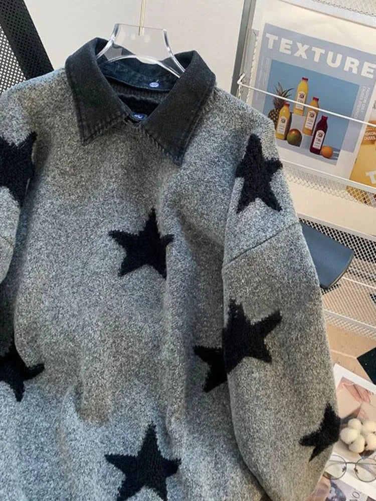 Zoki Star Print Y2K Sweaters Women American Red Patchwork Knitted Jumpers Tops Loose Female Design Turn Down Collar Pullovers