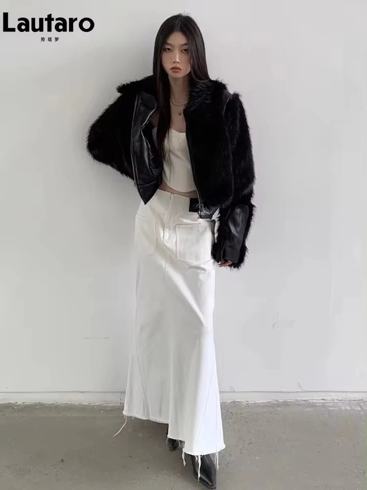 Lautaro Autumn Winter Cool Short Black Soft Thickened Warm Hairy Shaggy Patchwork Faux Fox Fur Coat Women Fluffy Jacket 2023