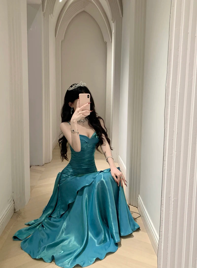 Sexy Shiny Glitter Mermaid Evening Party Prom Gowns Spring Summer Spaghetti Strap Ruffled Dresses Sleeveless Slim Waist Robe