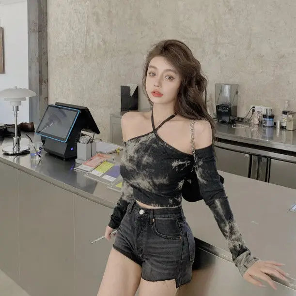 Tie-dye Long-sleeved T-shirt Women Slimming One-word Neck Off Shoulder Halter Short Top Summer Y2K Goth Backless Sexy Crop Tops