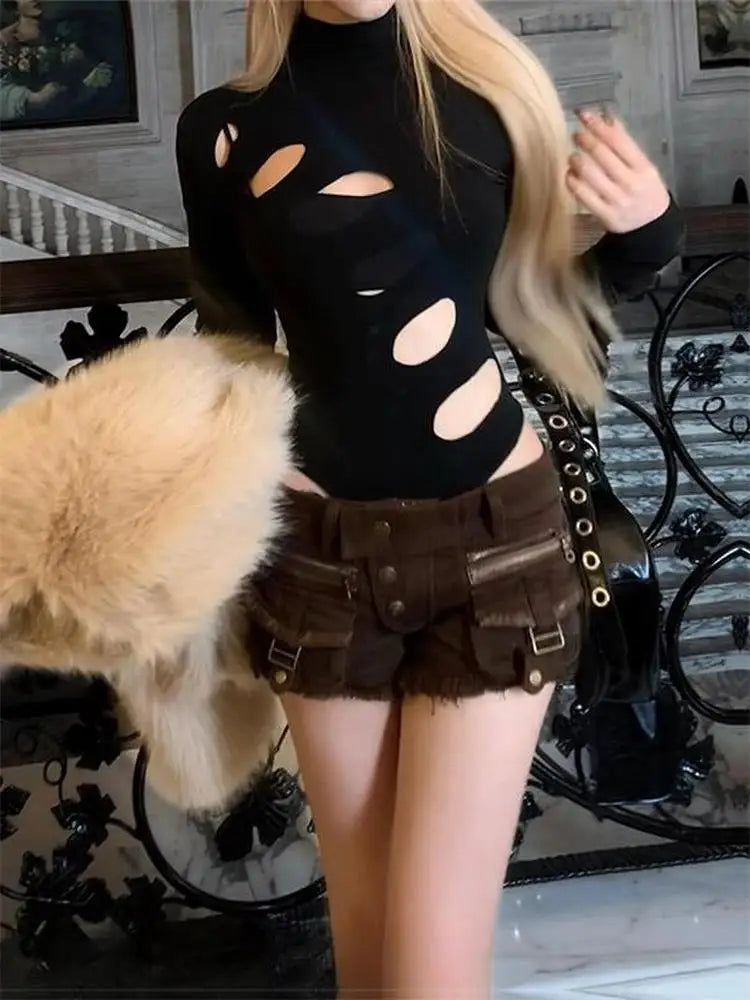 Sexy Dot Hollow Out Bodysuit Y2K Gothic Punk Long Sleeves Skinny High Collar T-shirt Women Autumn Streetwear Slim Bodysuits