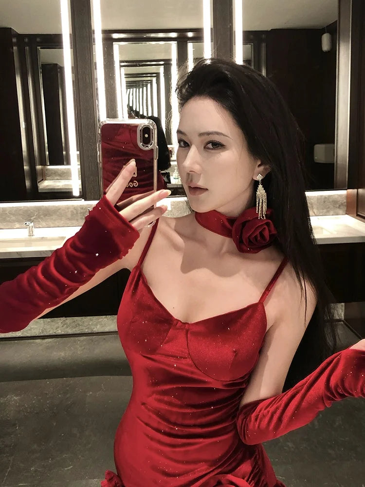Women Elegant Irregular Ruffles Velvet Red Spaghetti Strap Dresses Sexy Bodycon Side Slit Evening Party Dress Female  Vestidos
