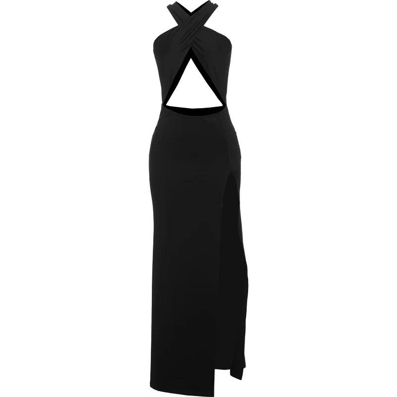 Nibber High Splits Maxi Dress Women Sexy Backless Irregular Hollow Cross Knot Skinny Midnight Prom Party Temperament Outfits