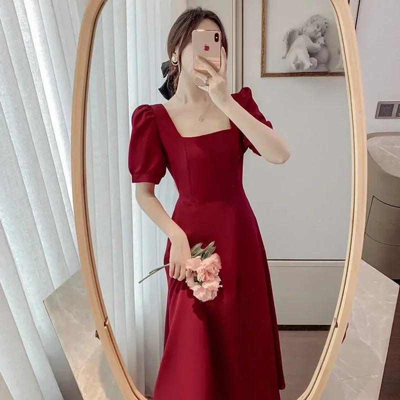 Summer French Vintage Hepburn White Long Dress Slimming High Waist Square Neck Bubble Skirt Women's Fashionable Knee-Length Dres