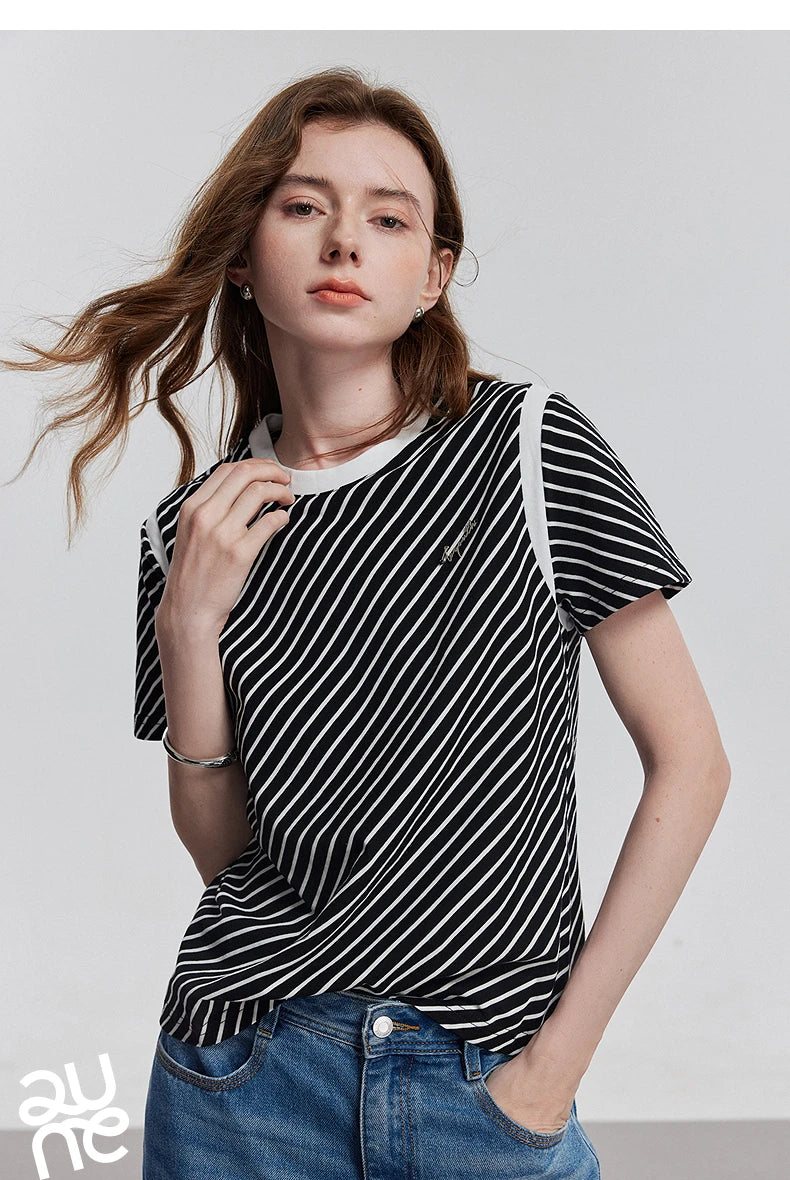 TOYOUTH Women Short Sleeve Striped T shirt 2025 Spring New Tops 8521021