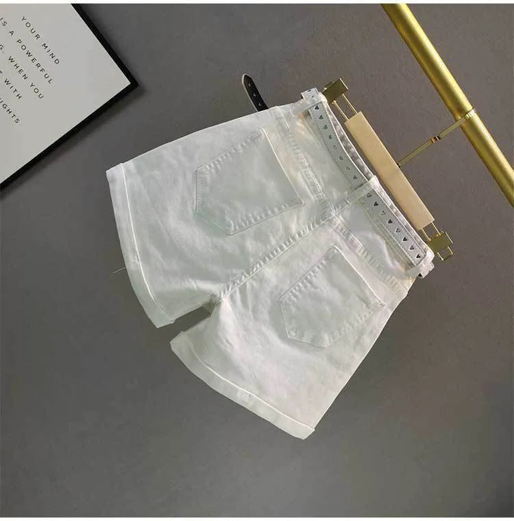 White Denim Shorts Women's 2023 Summer New European Station Loose High Waist Hot Pants Fashion Letter Diamond Jean Pants Ladies