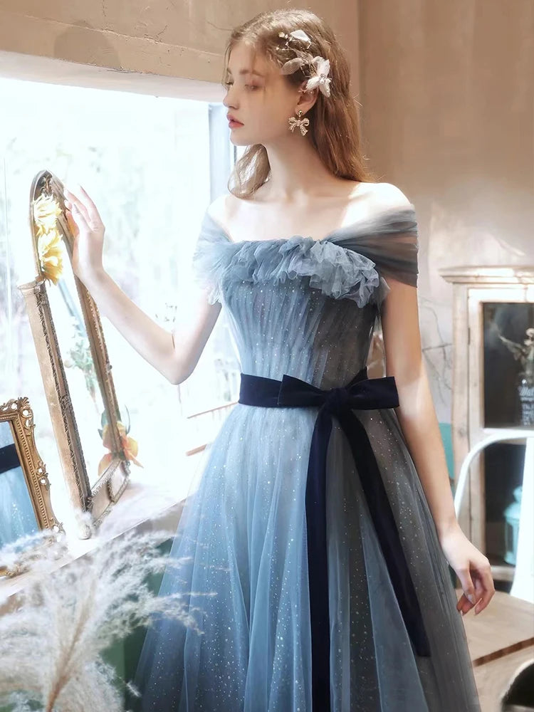 New greydish blue long sweat lady girl women princess bridesmaid banquet party prom dress gown
