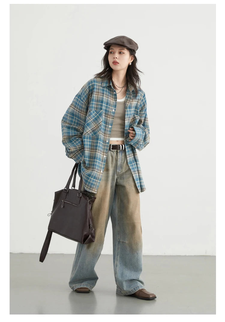 CHIC VEN Women's Cotton Shirt Single Breasted Loose New Retro Color Blocked Grid Female Blouses Autumn Spring 2024