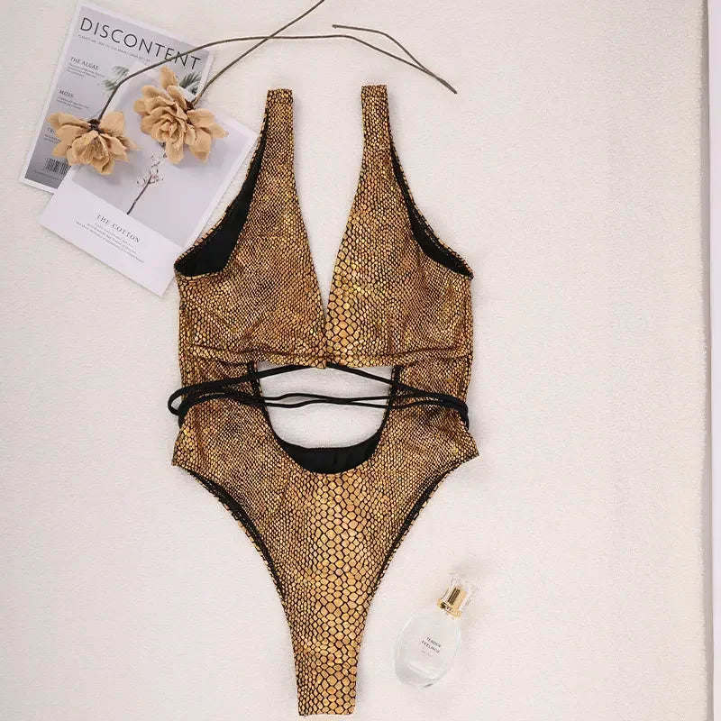 Sexy Black Snake Print Swimwear Women Hollow Out Criss Cross Backless One Piece Swimsuit Bathing Suit Monokini 2024 Trikini